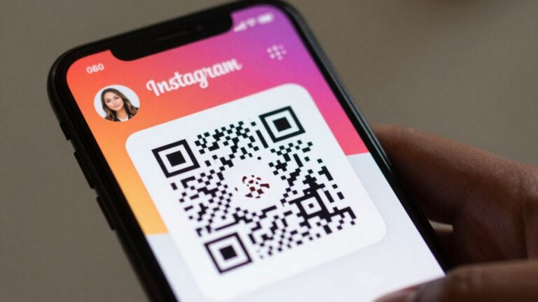 Instagram profile with QR code on phone screen.