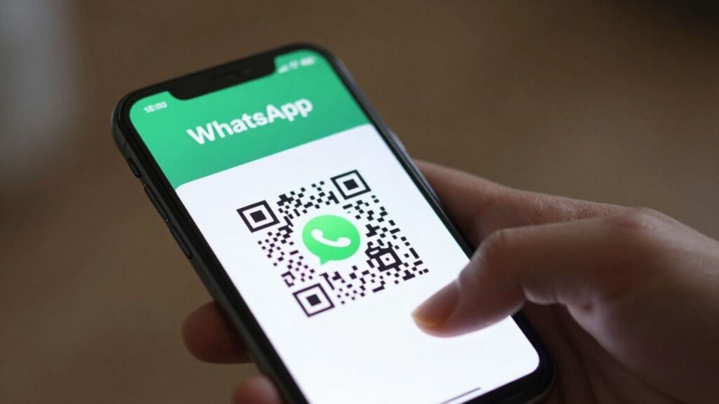 WhatsApp QR code on a smartphone screen.