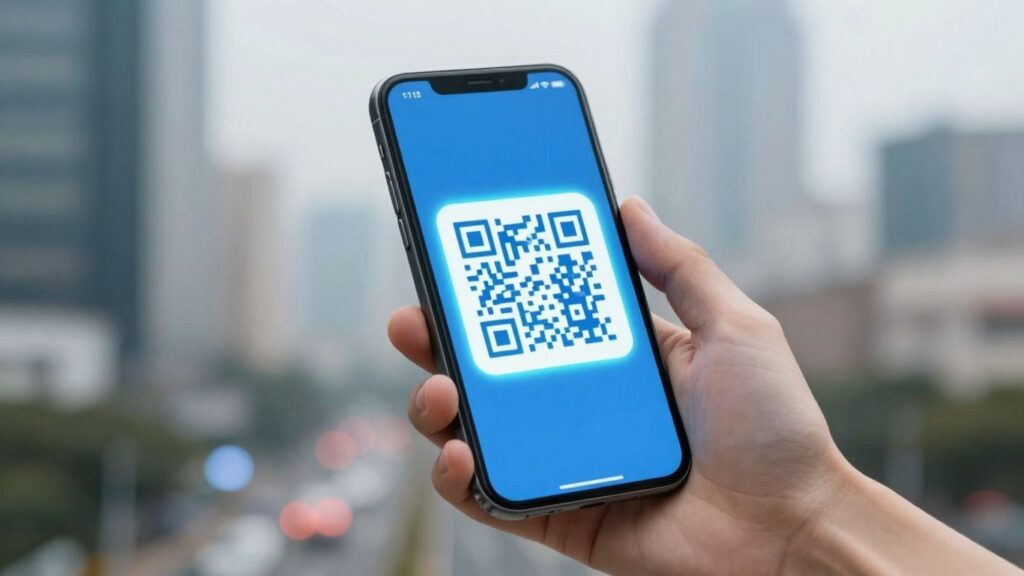 Smartphone scanning a QR code on its screen.