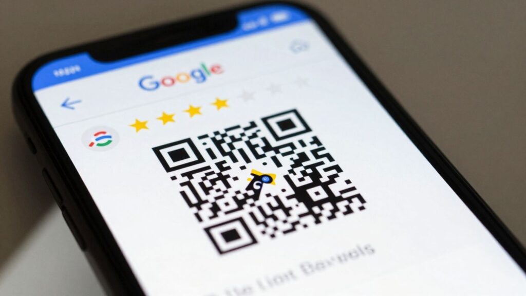 Smartphone displaying Google review QR code.