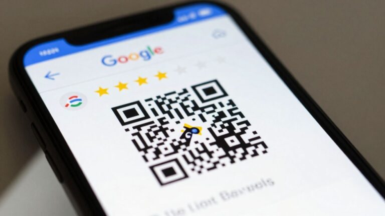 Smartphone displaying Google review QR code.