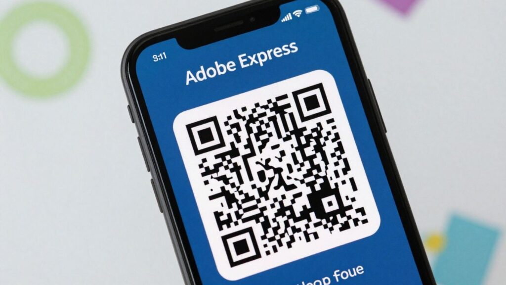 Smartphone displaying a QR code on Adobe Express.