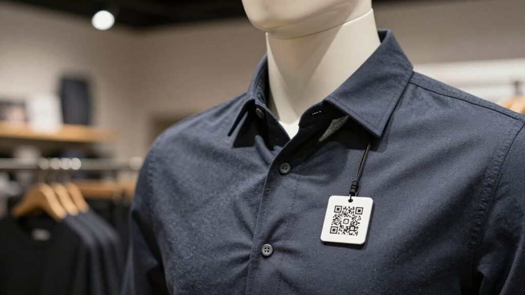Clothing QR code on a fashion item.