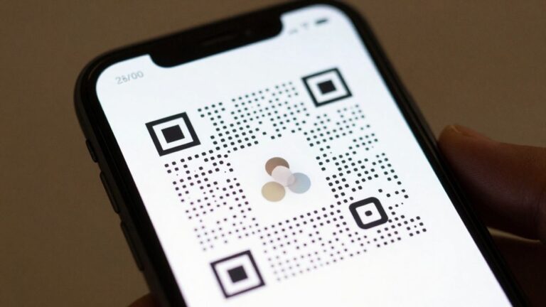 Smartphone displaying a custom QR code with a logo.
