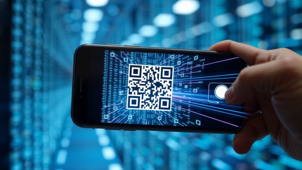 Phone scanning a QR code in a futuristic digital environment. EstateTrack alternative