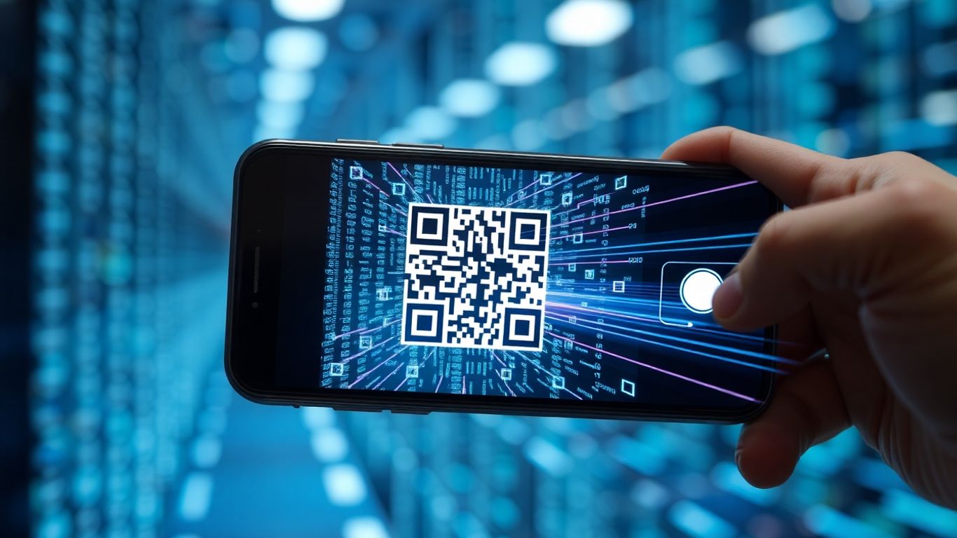 Phone scanning a QR code in a futuristic digital environment. EstateTrack alternative