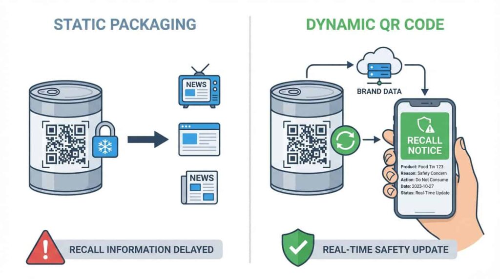 Diagram comparing static packaging with dynamic QR codes for real-time food recall updates