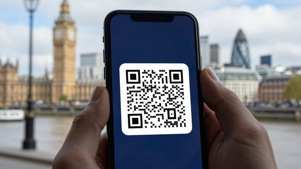 Smartphone displaying a dynamic QR code with UK background. Free Dynamic QR Codes for UK