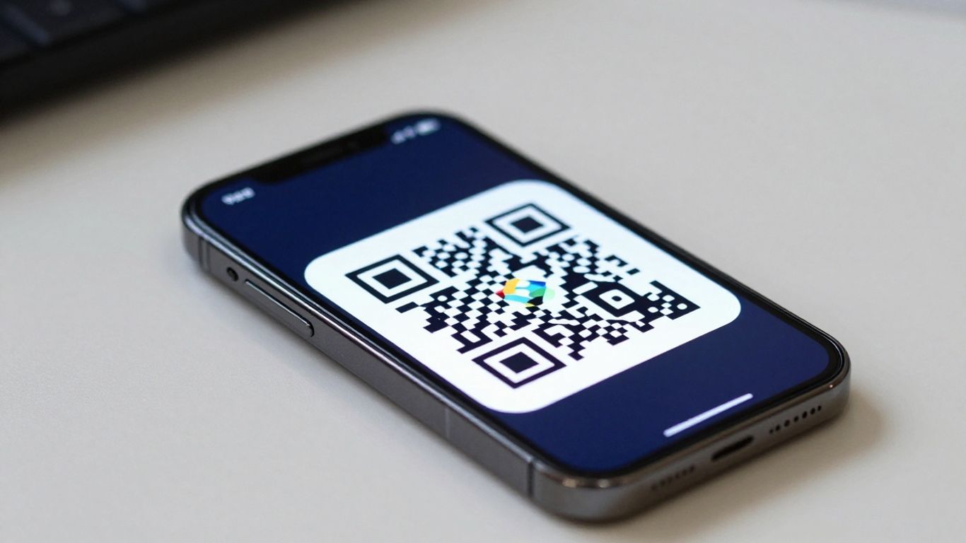 Smartphone displaying a QR code with call to action. Branded QR assets