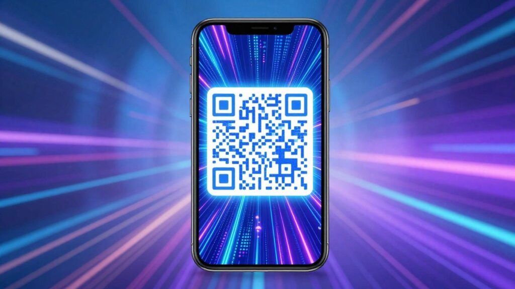 Smartphone scanning a QR code with digital light effects. App for QR Code Reader