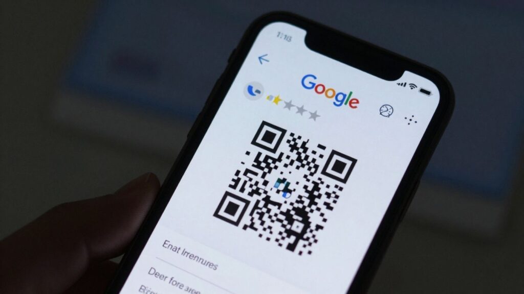 Smartphone displaying Google review QR code.