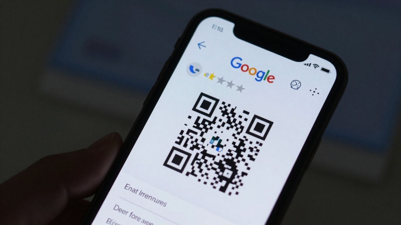 Smartphone displaying Google review QR code.