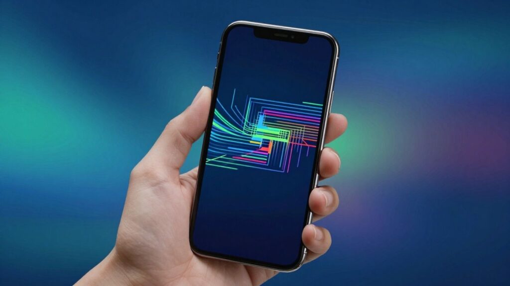 Smartphone screen showing abstract scanning pattern, blue and green background. Barcode readers apps