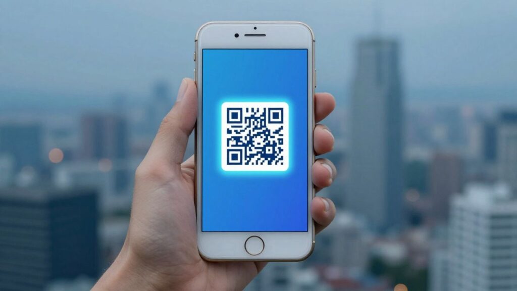 Smartphone scanning a QR code with a city background. QR scanner app
