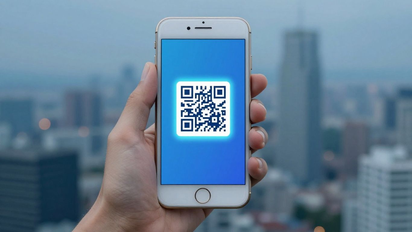 Smartphone scanning a QR code with a city background. QR scanner app