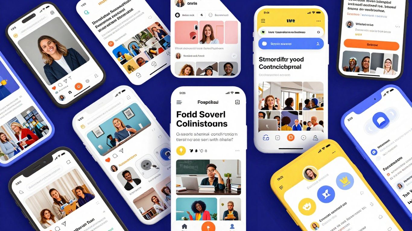 Social media cards with bright colours and dynamic layouts.