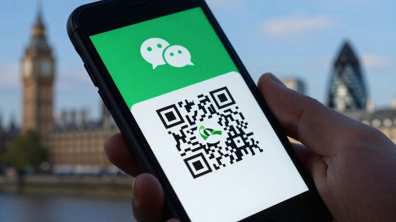 WeChat QR code on a phone screen in London.