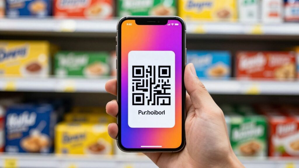 Smartphone scanning a barcode with blurred products. Free Barcode App