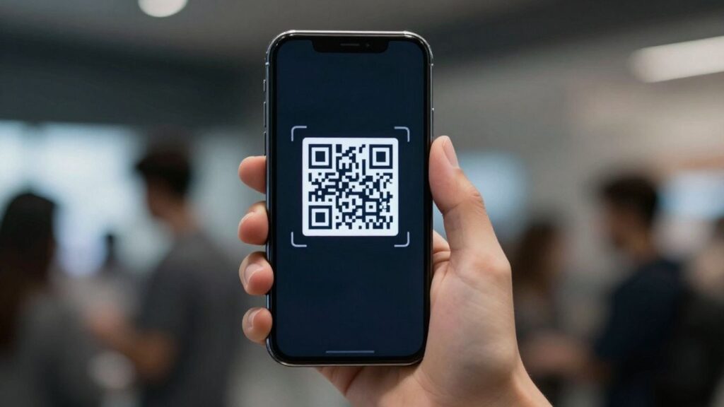 Smartphone displaying a QR code for app download. QR App Download