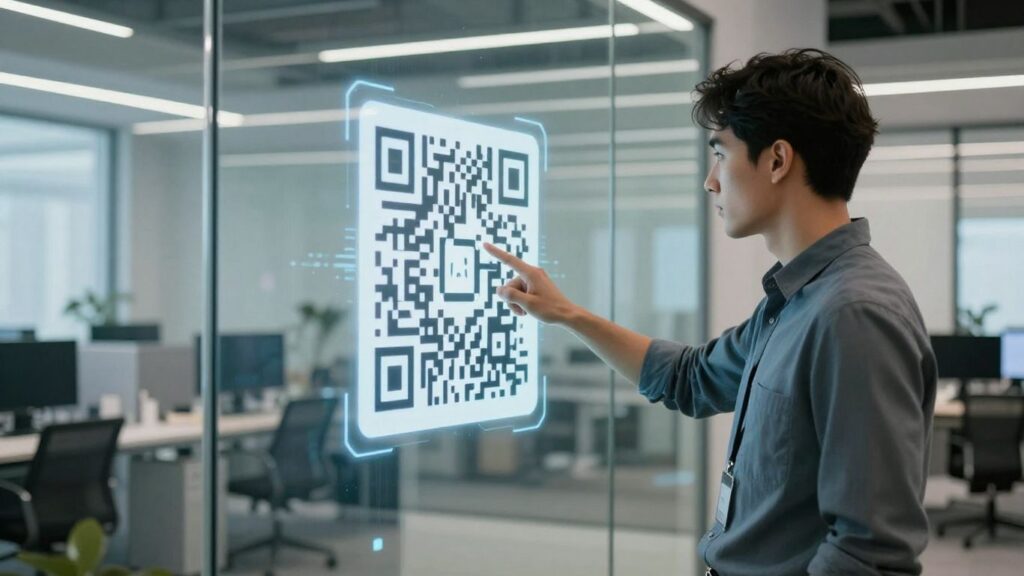 Person scans futuristic QR code in modern office. Proven Unicode Alternative