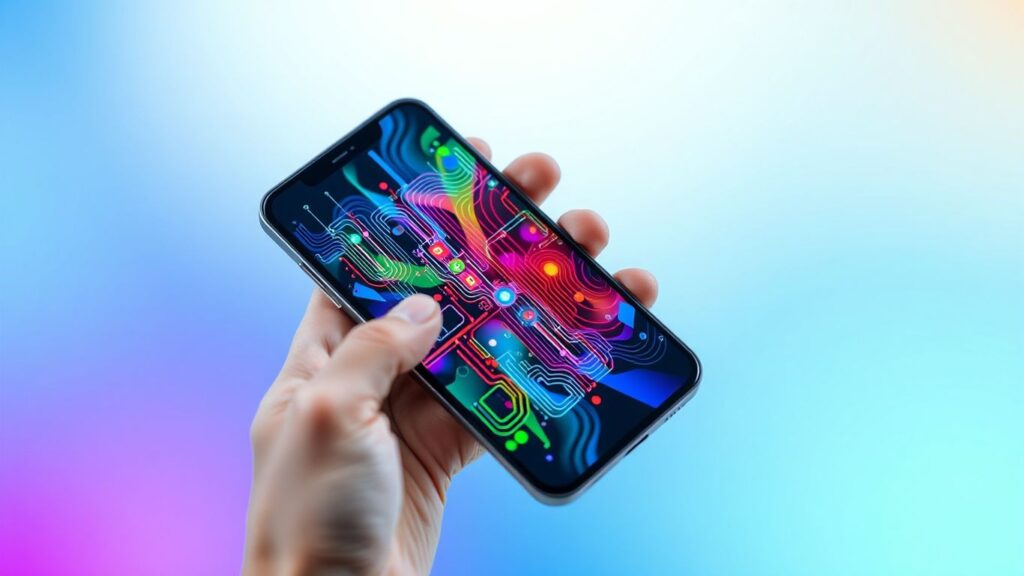 Smartphone scanning colourful abstract lines on screen. Barcode Reader Apps