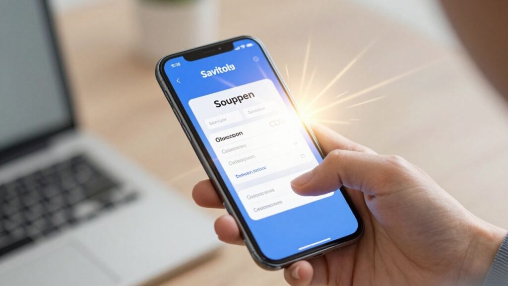 Hand holding phone with digital coupon. Promo Code Generator