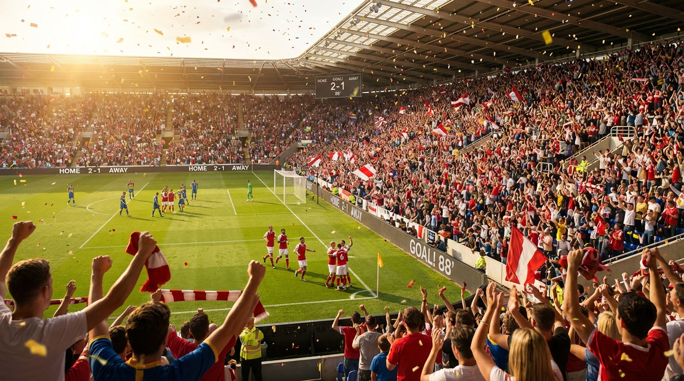 A soccer stadium full of people standing and cheering after a goal has been scored,