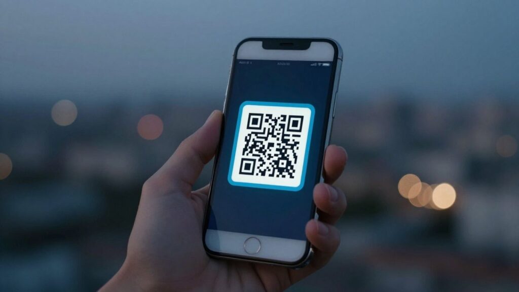 Smartphone scanning a QR code with city lights.
