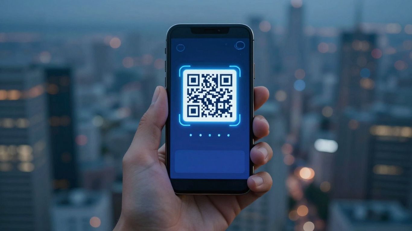 Smartphone scanning a QR code with a city background. QR scanner App