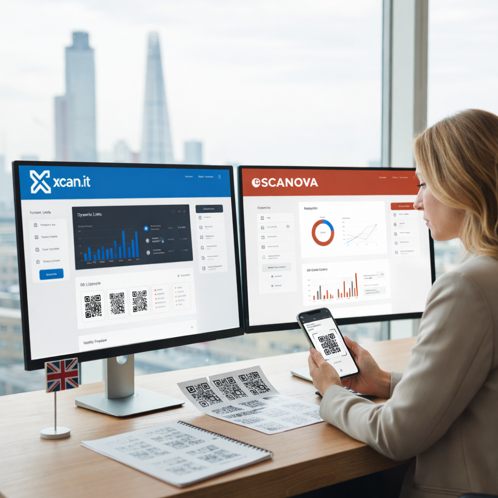 xcan.it vs Scanova comparison infographic: Which dynamic QR code platform is better for UK businesses? Features include pricing, GDPR compliance, scan analytics, customization, and editable destinations.