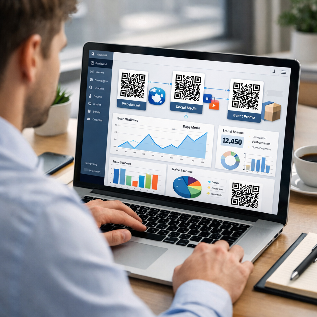 Business team reviewing a QR code management platform built for dynamic QR codes in an office