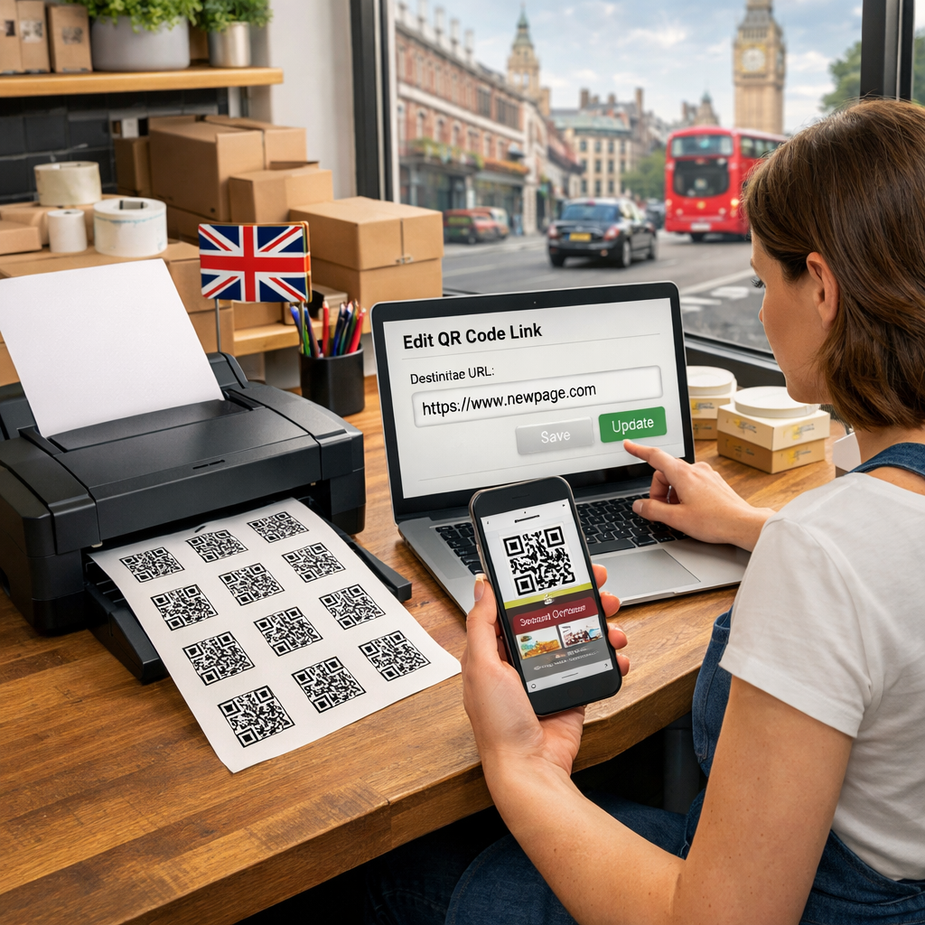 Dynamic QR code stickers on printed marketing materials showing how UK businesses can print now and update links later without reprinting.