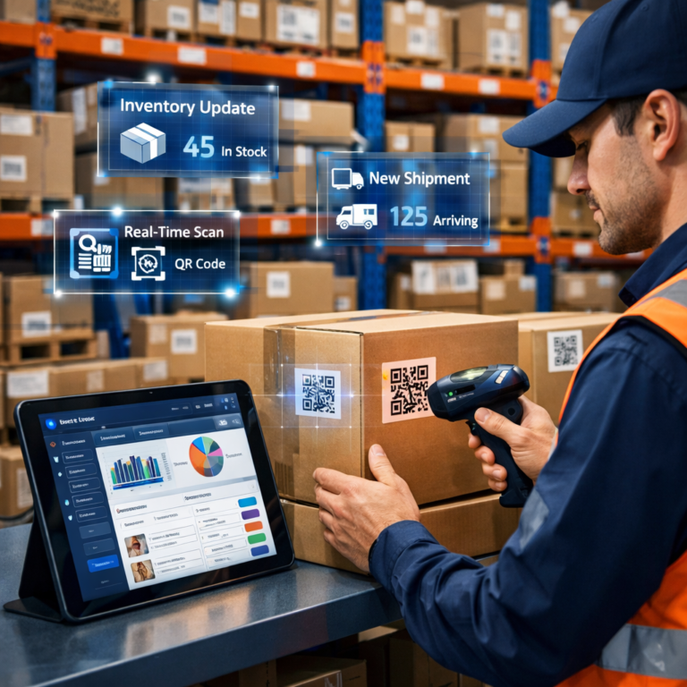 Barcode stock control software dashboard scanning QR codes for inventory accuracy and real-time tracking