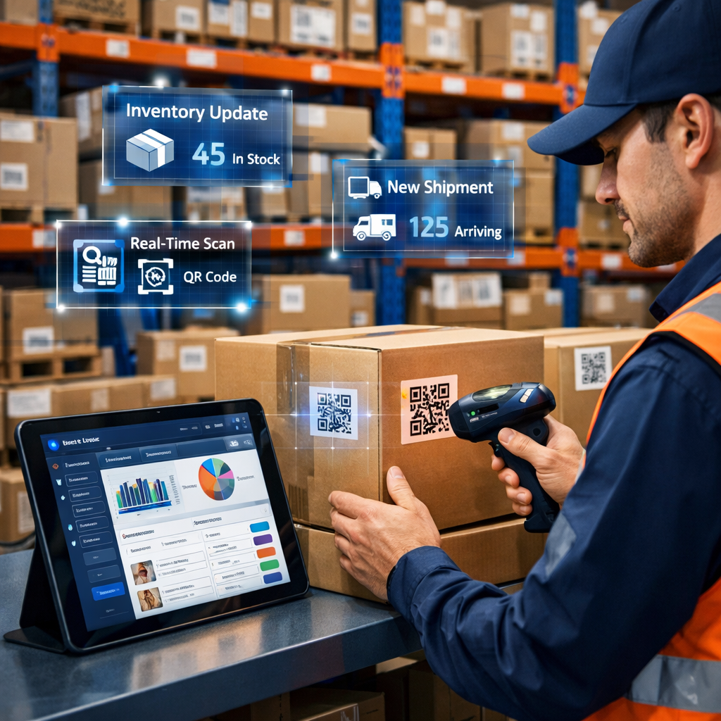 Barcode stock control software dashboard scanning QR codes for inventory accuracy and real-time tracking