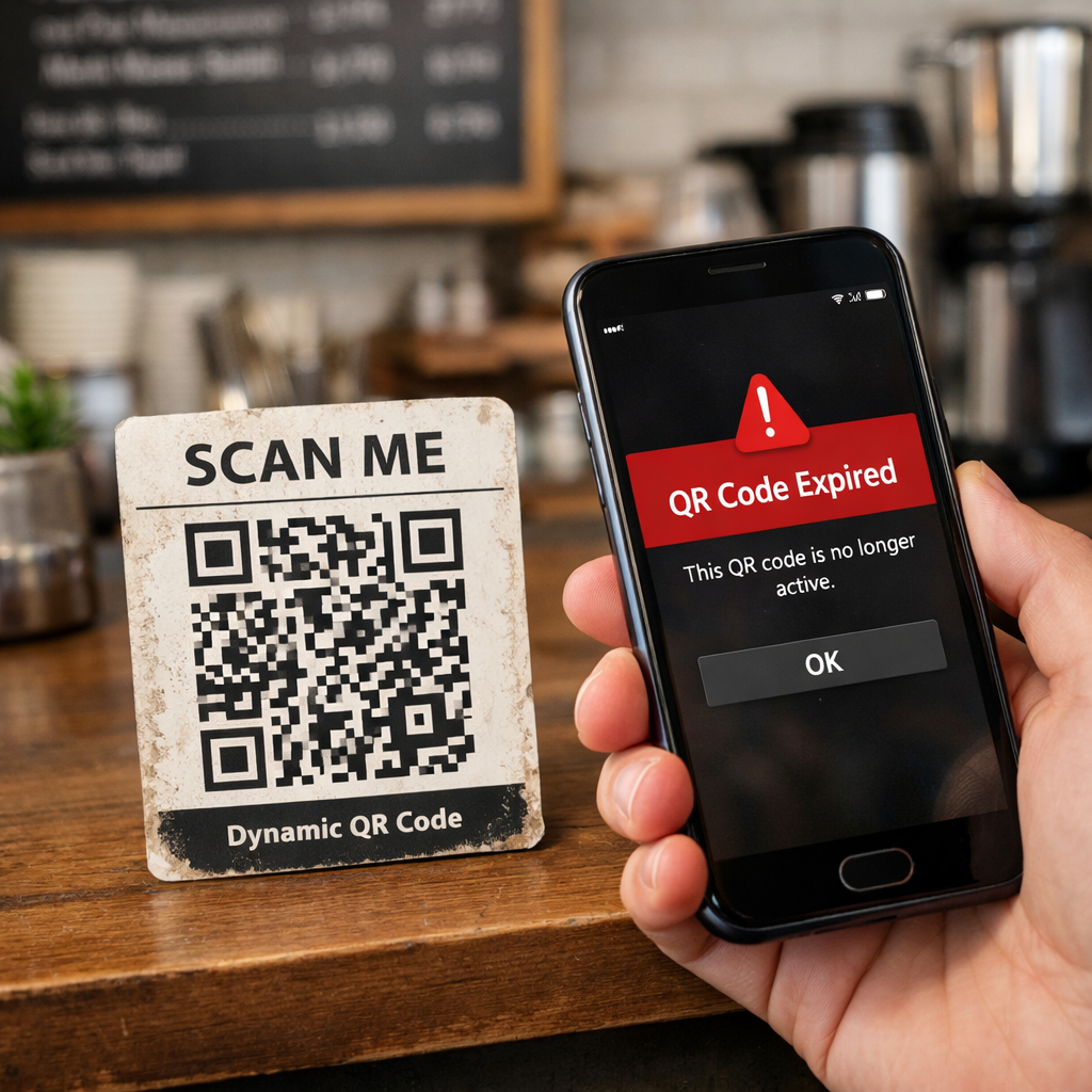 Dynamic QR code illustration questioning if free versions expire, showing active vs failed scan scenarios.