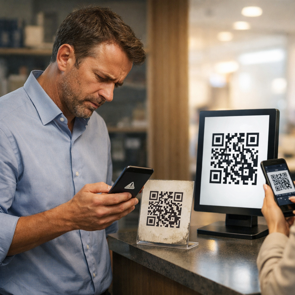 Business owner scanning a static QR code that fails to load while comparing it to a working digital QR display in a modern office setting