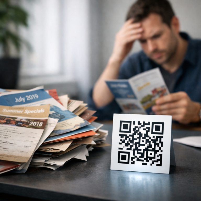 Printed materials with an outdated flyer beside a modern dynamic QR code being scanned on a smartphone