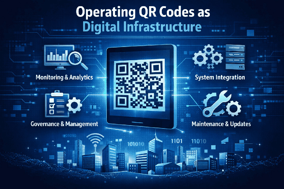 Infographic showing how organizations operate QR codes as digital infrastructure including monitoring, analytics, governance, system integration, and maintenance.