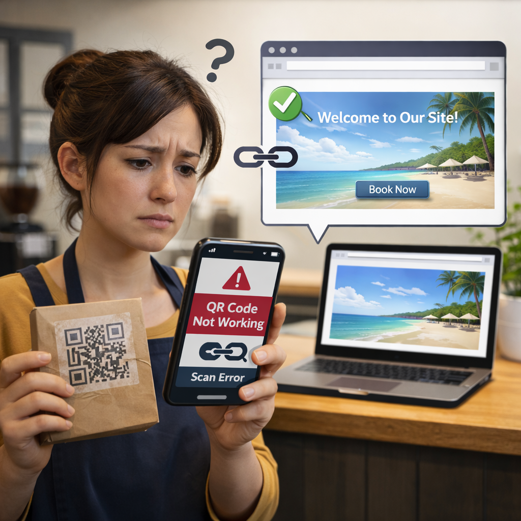 Faded QR code on smartphone screen failing to scan with working destination URL displayed separately, showing why QR code stops working but link loads fine.