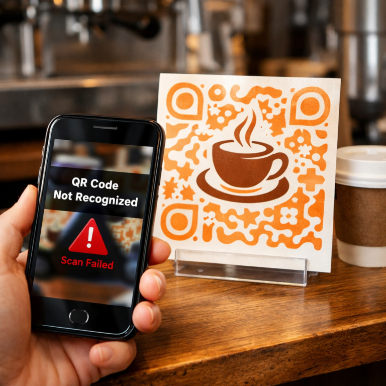 Custom QR code designs fail to scan due to branding mistakes like low contrast, embedded logos, and poor sizing—smartphone shows error on colorful, distorted codes.