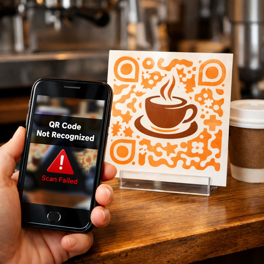 Custom QR code designs fail to scan due to branding mistakes like low contrast, embedded logos, and poor sizing—smartphone shows error on colorful, distorted codes.