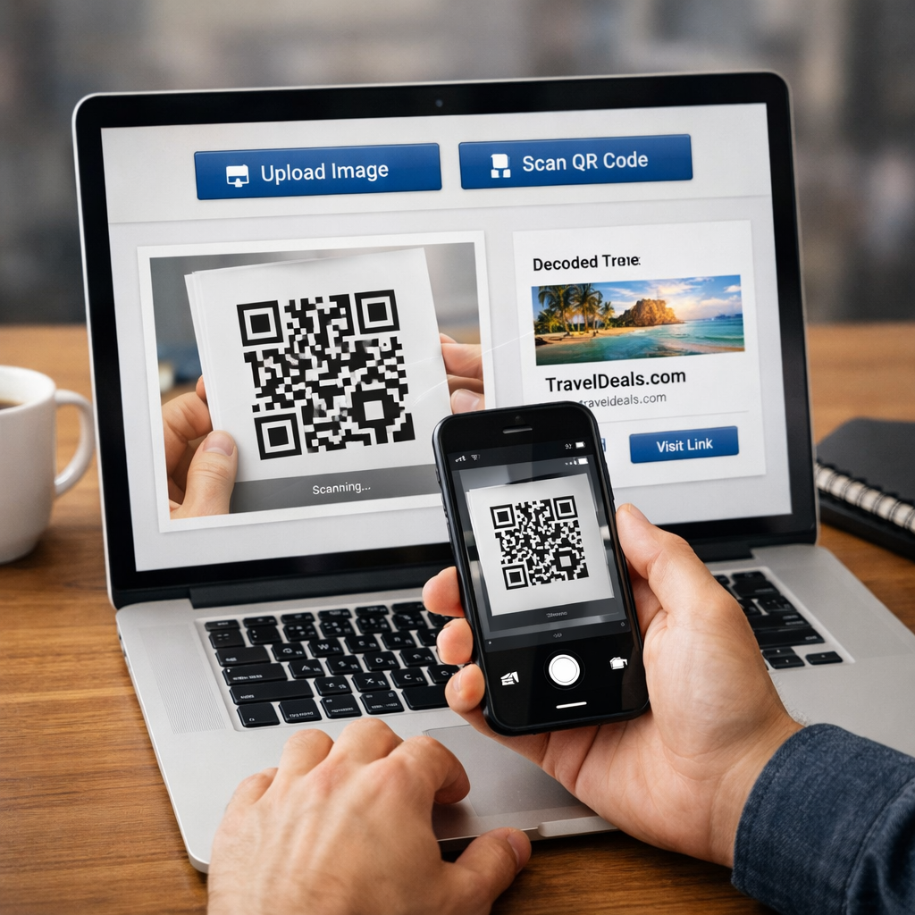 QR Code from Image Online scanned using smartphone and laptop screen showing digital decoding process