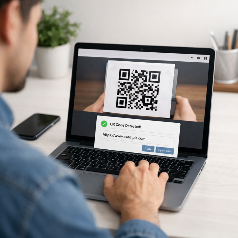 QR code being scanned from a mobile phone screen using an online QR code reader tool