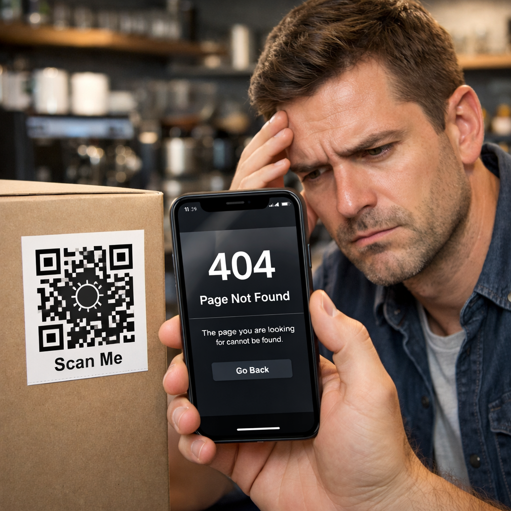 QR code scanning with smartphone leading to a 404 error page on screen illustrating why QR Codes Scan but Lead to 404 Pages and how broken links affect QR code campaigns