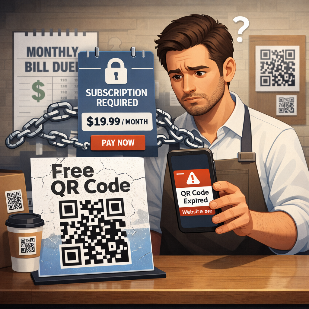 Broken QR code with faded "Subscription Expired" warning on a smartphone screen, illustrating why QR codes stop working due to hidden fees.