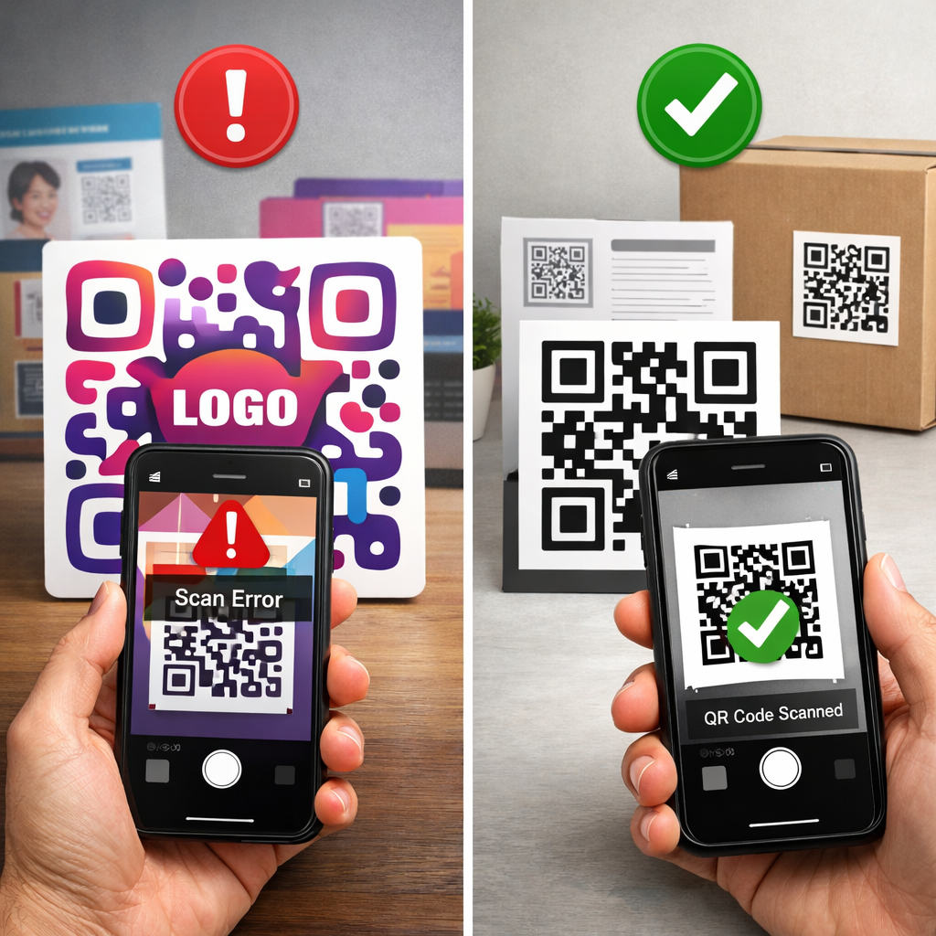 Stylised QR codes fail to scan due to heavy design changes compared with a clear standard QR code that scans successfully