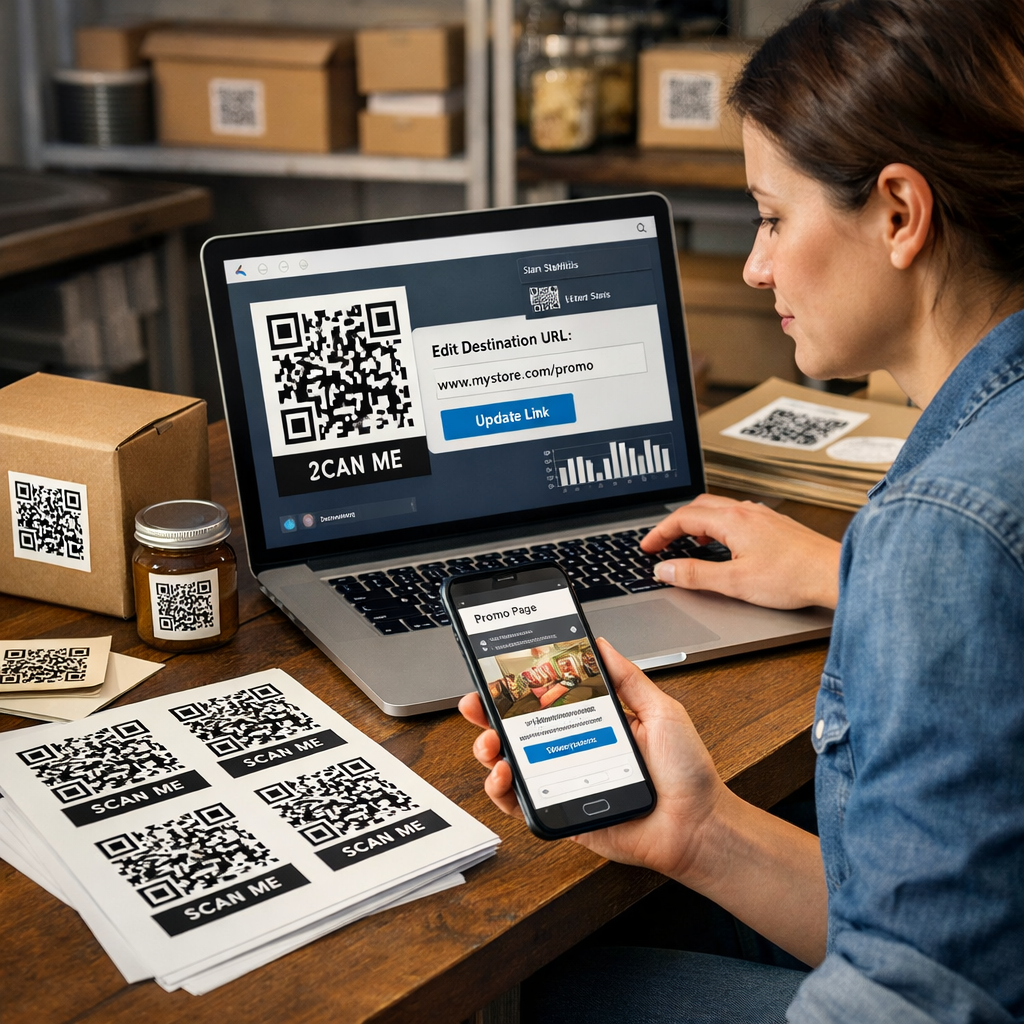 A small business owner setting up a print now and link later workflow on a laptop, with printed QR code stickers and dynamic link dashboard nearby.