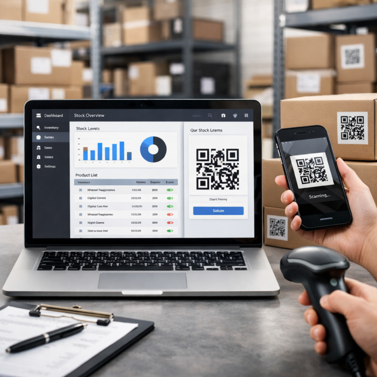 Barcode Stock Control Software dashboard showing QR code scanning, inventory tracking, and real-time stock updates on a warehouse system