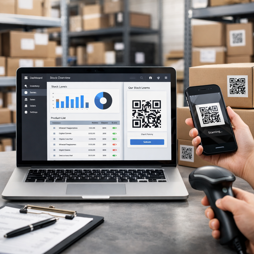 Barcode Stock Control Software dashboard showing QR code scanning, inventory tracking, and real-time stock updates on a warehouse system