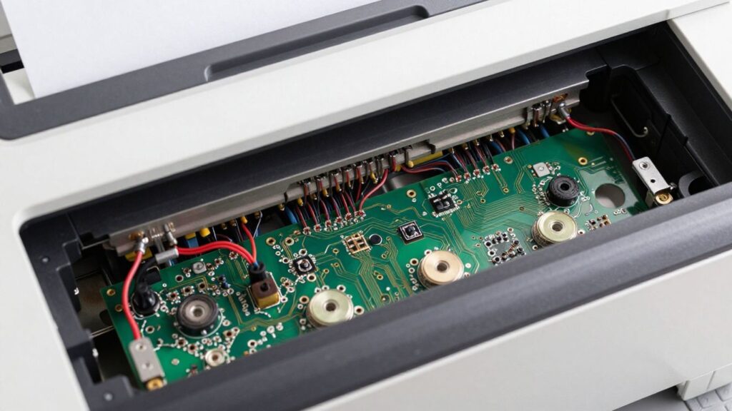 Printer internal components and wiring close-up.